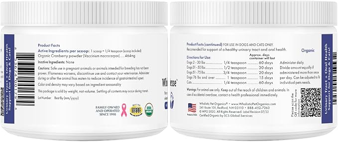 Wholistic Pet Organics WholeCran Intense: Organic Cranberry Powder for Dogs Urinary Tract Support Kidney Support for Dogs UTI Treatment Vitamin C and Antioxidants Dog Incontinence Product