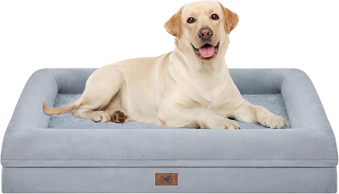 Orthopedic Washable Large Dog Bed, XL Dog Bed Egg-Crate Foam Bolster, Waterproof XL Big Pet Beds for Extra Large Dogs with Removable Cover, Gray