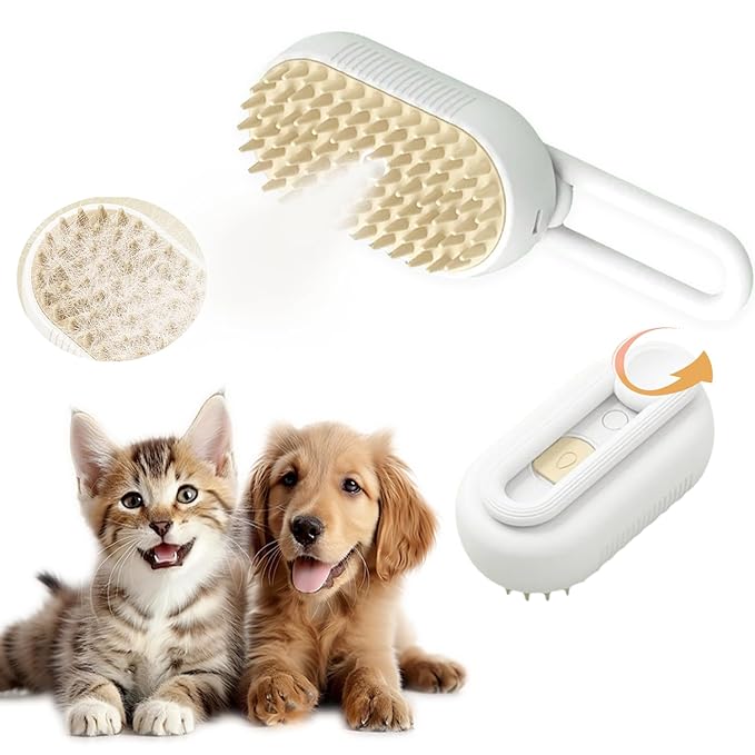 Rechargeable Pet Steam Brush for Cats & Dogs, Self-Cleaning Hair Brush for Shedding, Rotating Handle Cat & Dog Grooming Tool for Long & Short Hair- White