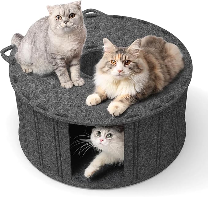 ComSaf Cat Donut Tunnel Bed - Peekaboo Cat Cave Bed for Indoor Cats, Large Pet House Round Cat Play Tunnel for Multiple Cats Up to 30 Lbs, 2 in 1 Detachable Felt Cat Hideaway Nap Rest Bed, Dark Grey
