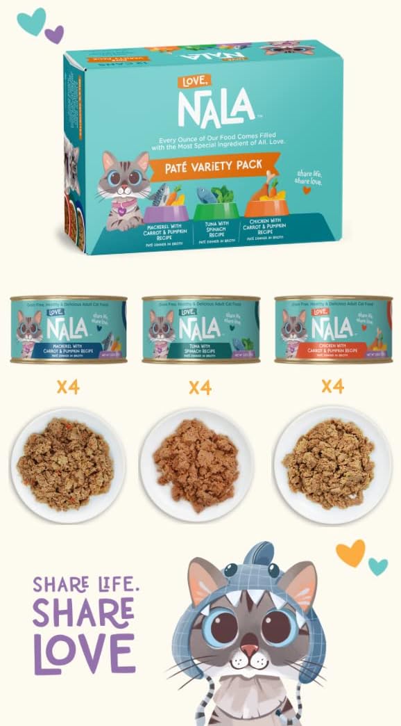 LOVE, NALA - Natural Adult Cat Wet Food - Pate Variety Pack - Tuna, Chicken, Mackerel - Grain Free, Non-GMO, Fiber Blend, Minerals, Vitamins - 12 Pack 2.1 lbs.