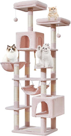 Taoqimiao Cat Tree, 71-Inch Cat Tree Cat Tower for Indoor Cats, Plush Multi-Level Cat Condo with 10 Scratching Posts, 2 Perches,Basket, 2 Caves,Hammock, 2 Pompoms,MS020P Jelly Pink