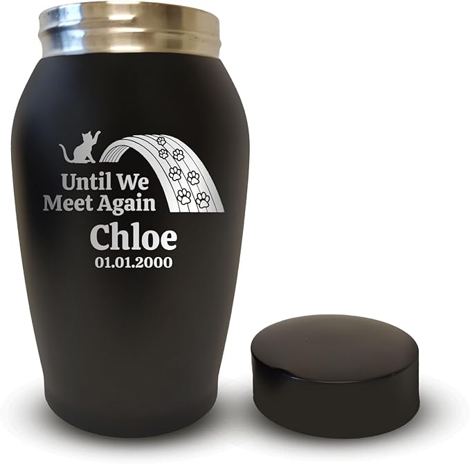 Personalized Custom Small Keepsake Urn Engraved with Pet Name, Date and Cat Design - 5.2" Black Powder Coated Steel Cremation Urn for Cat Ashes | 12-16 lb Capacity, Rainbow