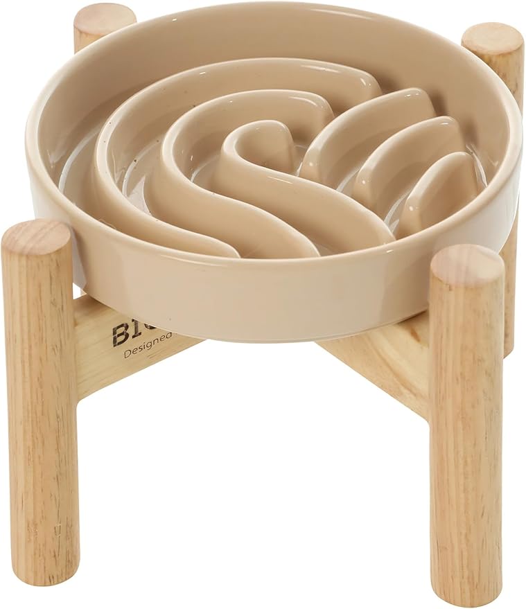 Ceramic Maze Dog Slow Feeder with Non-Slip Silicone Rim (& Bamboo Stand) – Heavy-Duty Stoneware Bowl with Puzzle Pattern for Bloating & Obesity Prevention (Raised-Apricot-S)