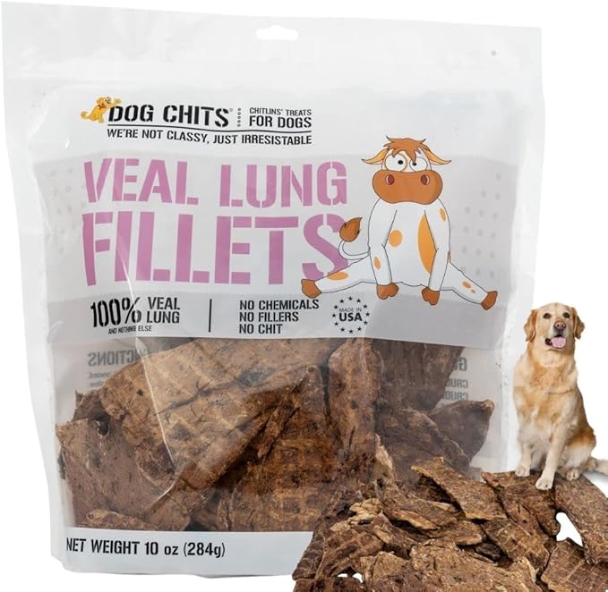 Dog Chits Veal Lung Fillets Dog and Puppy Treats - All Natural Grain and Chemical Free Training Chews - High Protein and Low Fat - Supports Dental Health - Made in The USA - Large 10 oz Bag