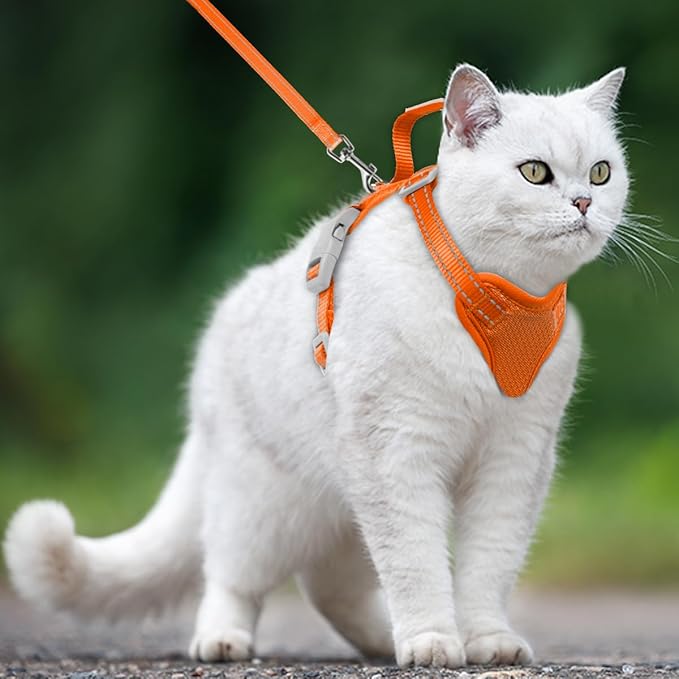Cat Harness and Leash Set Escape Proof for Kitten Walking, Soft Adjustable Top Handle Vest Harnesses for Cats, Easy Control Breathable Reflective Small Medium Large, Orange, S