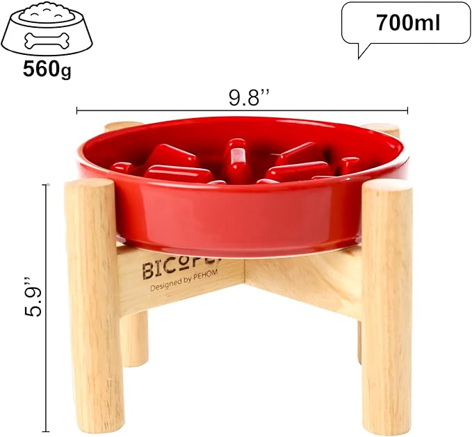 Ceramic Maze Dog Slow Feeder with Non-Slip Silicone Rim (& Bamboo Stand) – Heavy-Duty Stoneware Bowl with Puzzle Pattern for Bloating & Obesity Prevention (Raised-Red-M)