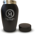 Personalized Custom Small Keepsake Urn Engraved with Pet Name, Date and Cat Design - 5.2" Black Powder Coated Steel Cremation Urn for Cat Ashes | 12-16 lb Capacity, Circular Leaves Border