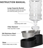 RIZZARI Dog Food Water Dispenser: 7L Automatic Black Large Stainless Steel Waterer with Filter - Gravity Water Feeder - Healthy Hydration for Pets Indoors Outdoors