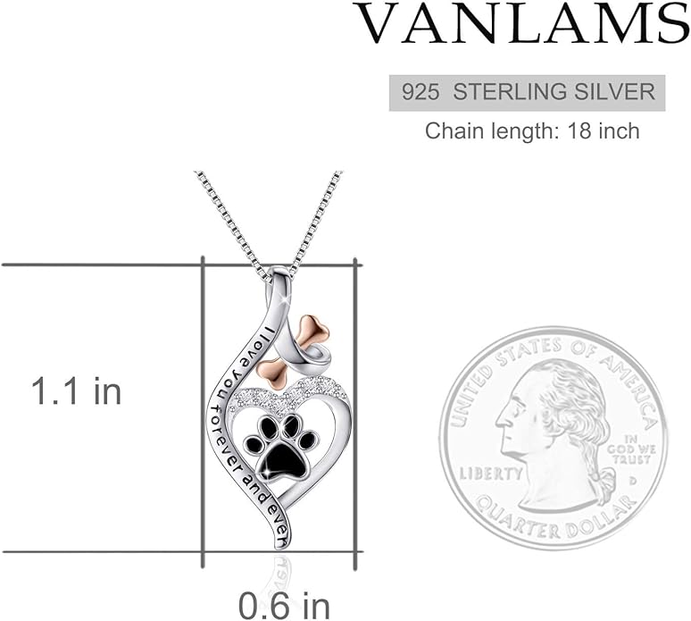 VANLAMS Womens 925 Sterling Silver Bone Love Heart Dog Paw Print Pendant Necklace I Love You Forever and Ever, Gifts for Dog Owner