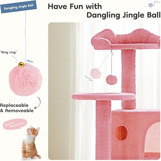 DUMOS 54-inch Indoor Cat Tree Tower –Multi-Level Pet House for Large Cats with 2 Condos, Scratching Posts, Round Platform, Small Ladder, and Toys, Pink