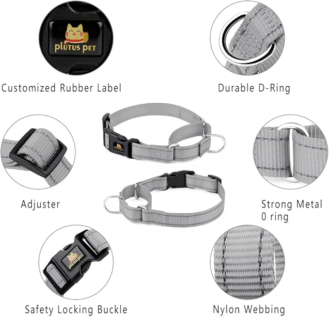 Plutus Pet Reflective Martingale Collar with Buckle - Durable and Adjustable Training Collar for No Pulling, Dog Choker Collar for Small Medium Large Dogs, Gray, XS
