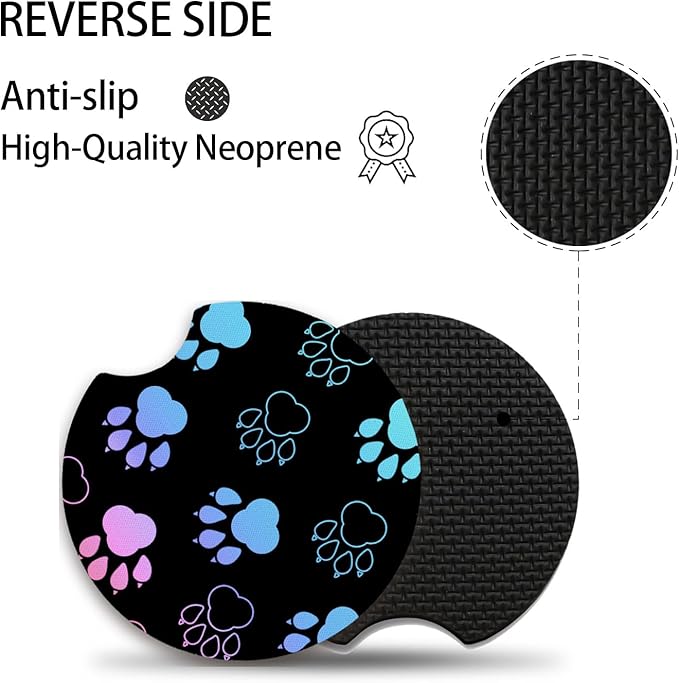 Absorbent Car Coasters for Cup Holders, 2 Pack Universal Neoprene Car Coasters with Finger Slot, Auto Accessories for Women & Men,2.56"(Gradient Black Dog paw Print)