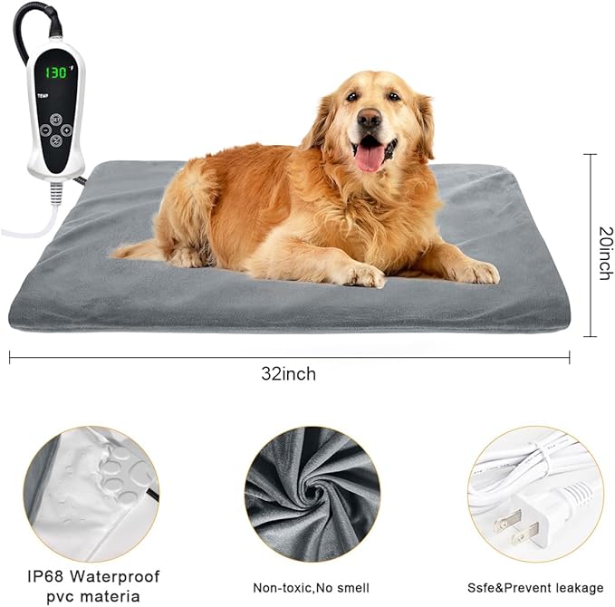 RIOGOO Pet Heating Pad, Upgraded Electric Dog Cat Heating Pad Indoor Waterproof, Auto Power Off (XX-Large 32"x 20", Grey)