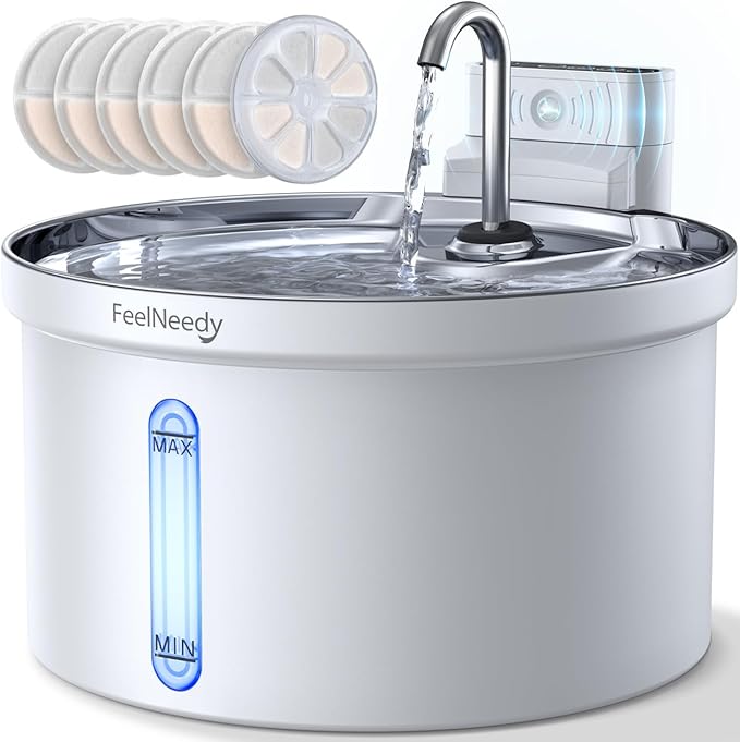 Wireless Cat Water Fountain with Sensor [Water & Battery Separation] FEELNEEDY Smart Pet Water Fountain, 3.5L/118oz 4000mAh Battery Operated Water Fountains for Cats Dogs + 6 Filters