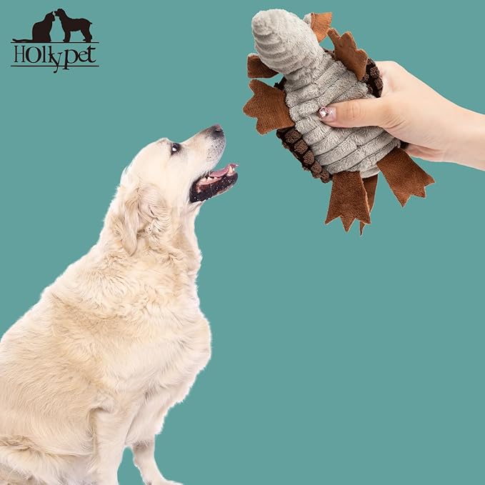 Hollypet Plush Dog Squeaky Toy Stuffed Armadillo Animal Pet Puppy Chew Toys with Clean Teeth for Small Medium Large All Breed Sizes Dogs, Brown, 6 in