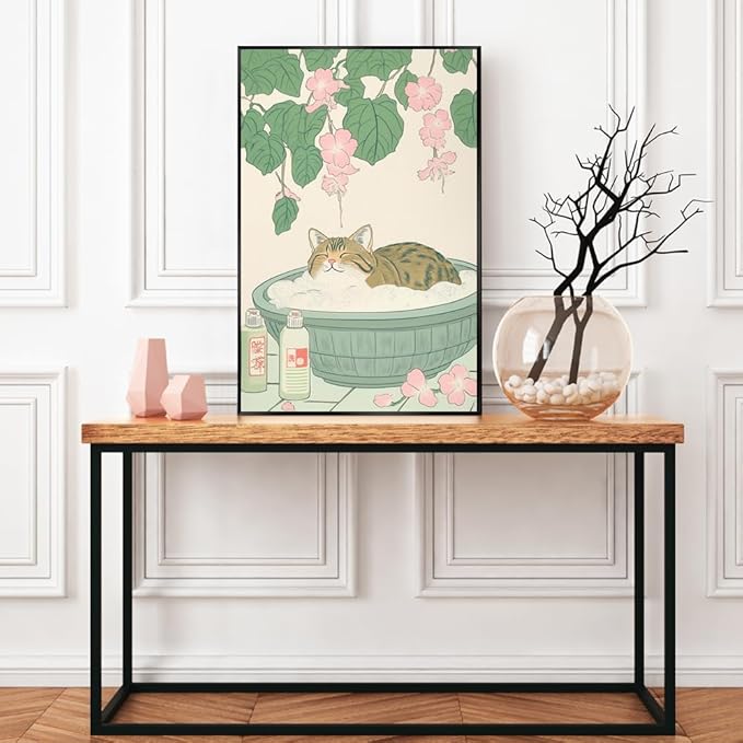 Vintage Tabby Cat in Bathtub Wall Art Funny Japanese Poster Print Relaxation Decor Cute Animal Pet Canvas Neutral Japan Painting for Bathroom Dorm Room Home Aesthetic 16x24inch Metal Black Frame