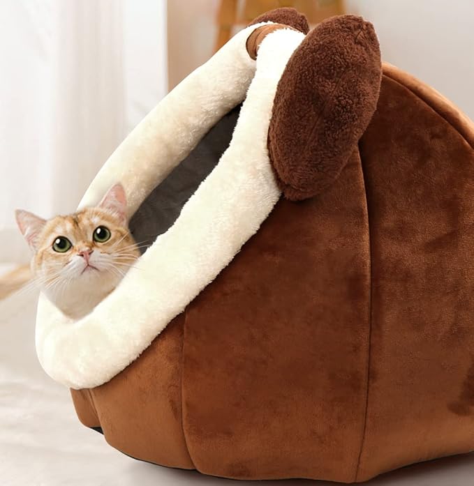 Lcybem Cat Beds for Indoor Cats - Cat Bed Cave with Removable Washable Cushioned Pillow, Soft Plush Premium Cotton No Deformation Pet Bed, Roomy Bear Cat House Design, Multiple Sizes-L