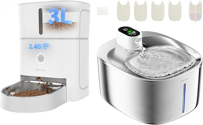 Automatic Cat Feeder+Wireless Cats Water Fountain Stainless Steel 4.5L Set，5G & 2.4G Pet Food Dispenser Feeders， Pet Dry Food, 1-10 Meals Per Day