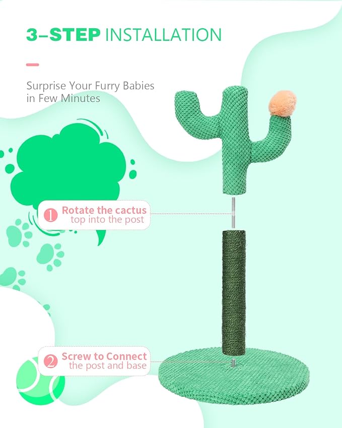 Bdor Cat Scratching Post, Cactus Cat Scratcher with Nature Sisal Rope for Indoor Adults Cats and Kitten, Resistant Carpet Scratch Post, Green