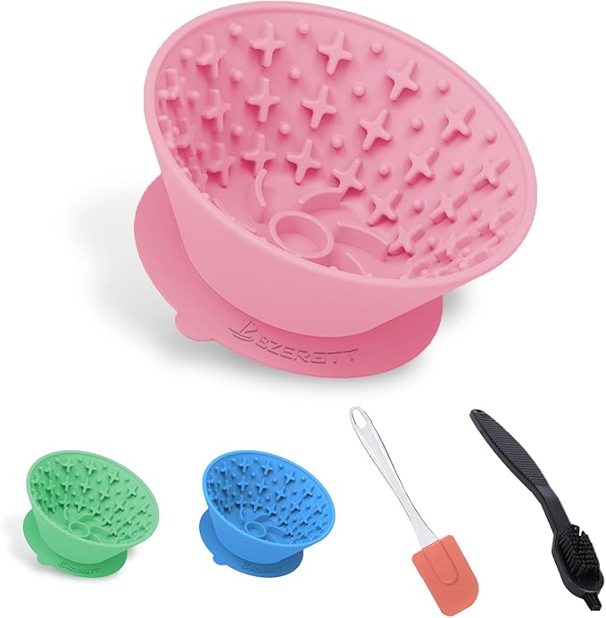 Dog Lick Bowl – Silicone Lick Mat for Dogs with Freeze Bone, Slow Feeder, Non-Slip Base, Includes Brush & Scraper, Large Opening for Anxiety Relief & Oral Health, Ideal for Frozen Treats (Pink)