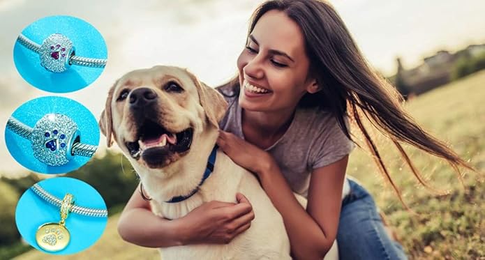 GEMDAZZ Sparkling Puppy Paw Print Charms in 925 Sterling Silver, Pave Dog Pawprint CZ Round Beads and Always in My Heart Charms, Gift for Animal Lover, fit European Women Bracelet/Necklace