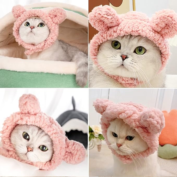 JOICEE Cute Cat Costume Warm Bear Hat Adjustable Soft Small Pet Headwear for Puppy Dog (Pink)