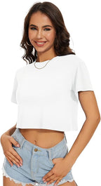 Womens Summer Crop Tops Short Sleeve Round Neck T-Shirts Loose Fit Casual Blouse