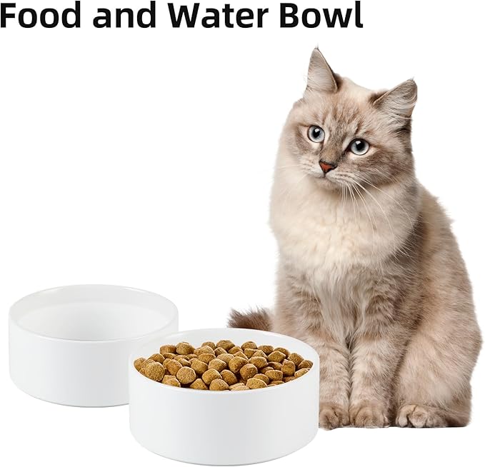 Ceramic 5.1inch Set of 2 Dog and Cat Bowls, Food and Water Feeder for Small Breed Dogs, Kitty, Cats, 2pcs Dog & Cat Dishes(2 Bowls, White)