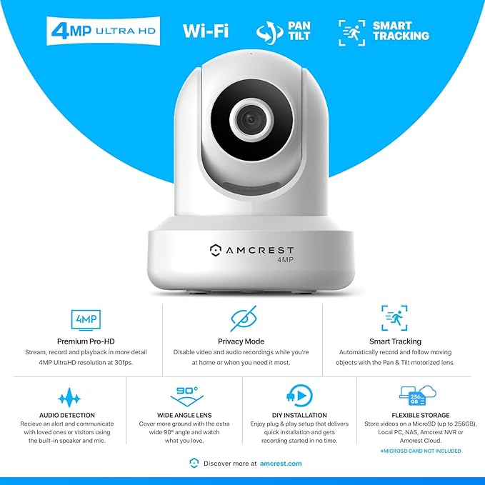 Amcrest 4MP ProHD Indoor WiFi, Security IP Camera with Pan/Tilt, Two-Way Audio, Night Vision, Remote Viewing, 4-Megapixel @30FPS, Wide 90° FOV, IP4M-1041W (White)