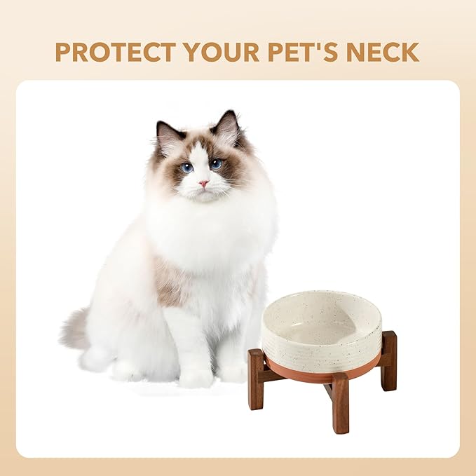 Ceramic 5.1inch Raised Dog and Cat Bowl Set, 2 Heights Elevated Wooden Stand for Puppy, Kitty, Cats, Weighted Pet Food and Water Dishes(5.1'',13.5oz, Vanilla White)