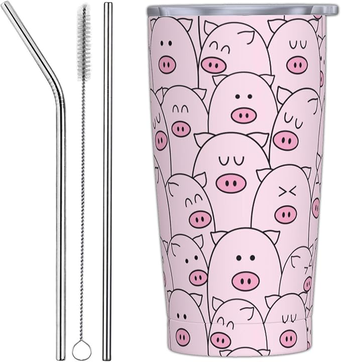 Pig Tumbler with Lid and Straw, 20 Oz Stainless Cup Steel Insulated Water Bottle Travel Coffee Mug