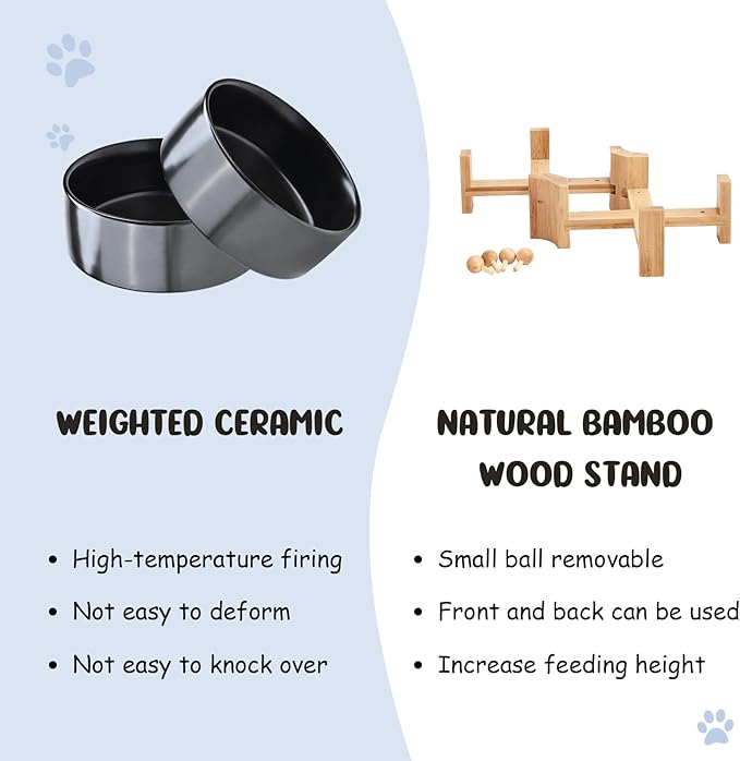 SPUNKYJUNKY 15° Slanted Ceramic Dog and Cat Bowl with Wooden Stand, Tilted Bulldog Food and Water Bowl No Slip Non-Spill for Cats Medium Dogs Big Face Pets 13.5 OZ (1.7 Cups, Black × 2)