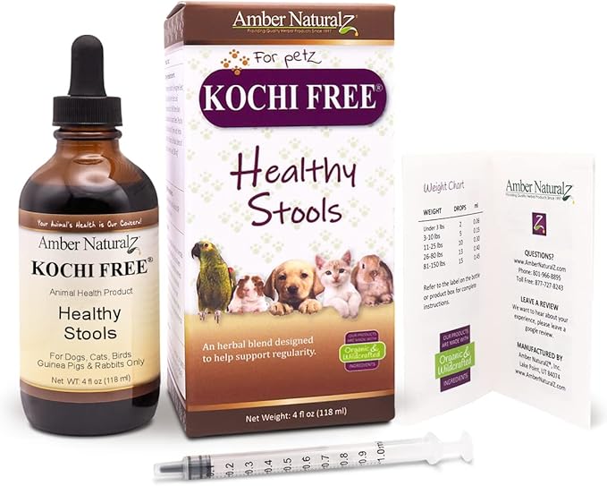 Amber NaturalZ Kochi Free Herbal Supplement for Dogs, Cats, Birds, Rabbits, and Guinea Pigs | Supports Healthy Bowel Function | Natural Aid for Digestive Balance | 4 Fluid Ounce Glass Bottle