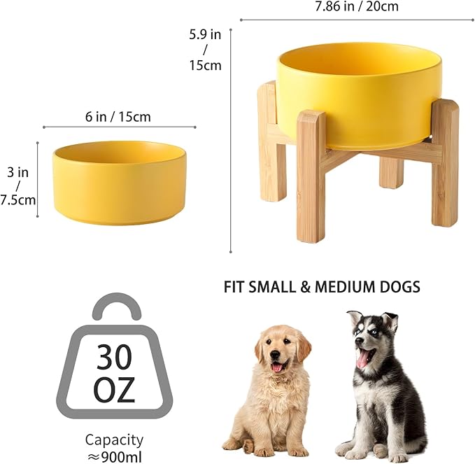 6'' Ceramic Raised Dog Bowl - 30Oz Dog Food & Water Bowl with Elevated Non-Slip Bamboo Stand, Dishwasher & Microwave Safe, Anti Vomiting Heavy Duty Pet Bowl for Small and Medium Dogs, Yellow
