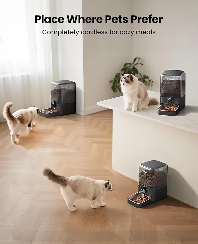 oneisall Cordless WiFi Automatic Cat Feeder, Rechargeable 100-Day Battery Operated Pet Feeder, 20 Cups/5L Timed Cat Food Dispenser for Large Kibble, Smart App Control (Black)