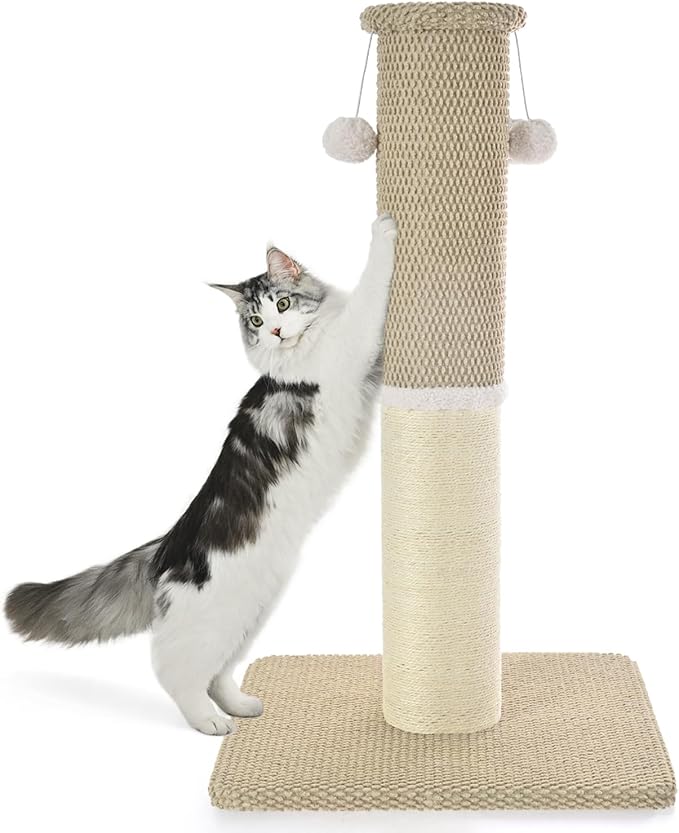 Made4Pets Tall Cat Scratching Post, Heavy Duty and Thicker Scratching Posts for Indoor Cats Adults, 33" Natural Sisal Cat Scratcher with Hanging Balls, Sturdy Base Cat Scratch Post, Beige