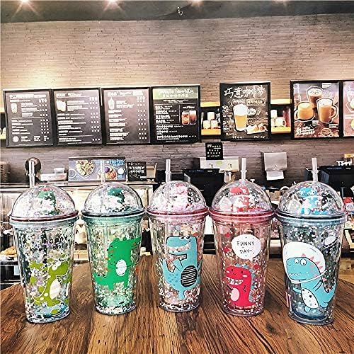 Dinosaur Cups with straw Travel Tumblers Water Bottle Ice Coffee Mugs Reusable Plastic Party Cup Birthday Gift (light green dinosaur, 6.5 * 20 cm)