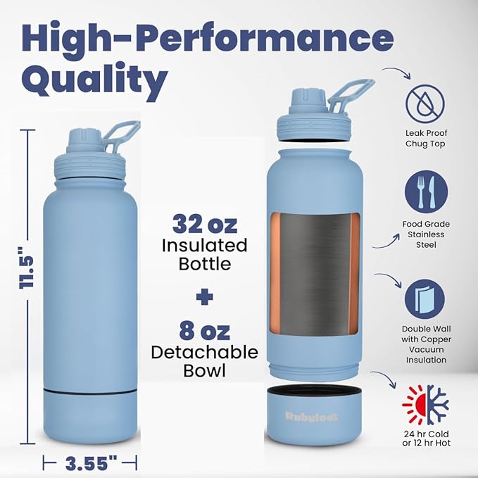 Dog Water Bottle for Dog Lovers - 32 oz Stainless Steel Double Wall Insulated Water Bottle with 8 oz Detachable Bowl on Bottom - Gift for Doggy Lovers for Hiking, Walks, Travel - Dusty Blue