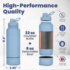 Dog Water Bottle for Dog Lovers - 32 oz Stainless Steel Double Wall Insulated Water Bottle with 8 oz Detachable Bowl on Bottom - Gift for Doggy Lovers for Hiking, Walks, Travel - Dusty Blue