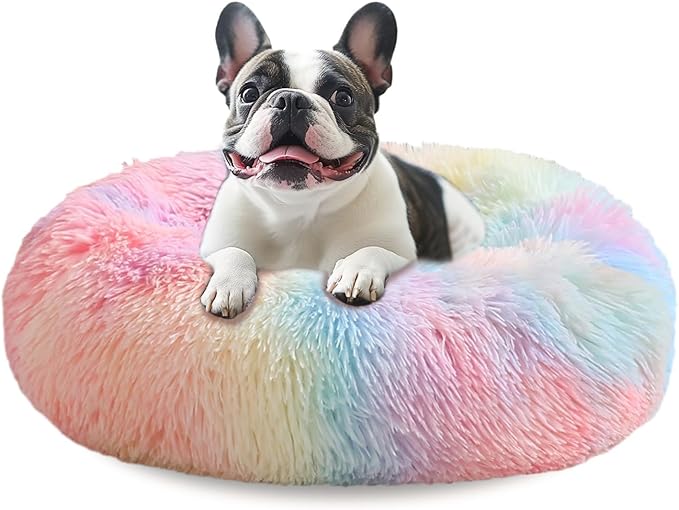 JOLLYVOGUE Small Dog & Cat Beds for Indoor Cats, Donut Cuddler Warming Soft Dog Beds with Anti-Slip Bottom, Round Calming Fluffy Plush Faux Fur Cushion Bed for Medium Dogs (27", Rainbow)