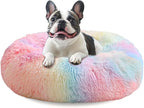 JOLLYVOGUE Small Dog & Cat Beds for Indoor Cats, Donut Cuddler Warming Soft Dog Beds with Anti-Slip Bottom, Round Calming Fluffy Plush Faux Fur Cushion Bed for Medium Dogs (27", Rainbow)