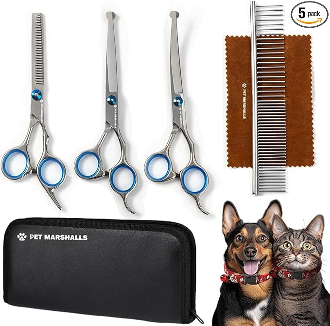 Professional Pet Grooming Kit 5-in-1 - Stainless Steel Trimming Scissors Set with Straight Hair Comb for Small and Large Pets