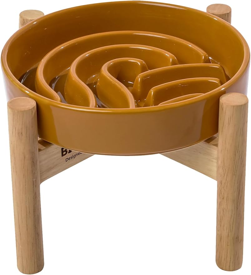 Ceramic Maze Dog Slow Feeder with Non-Slip Silicone Rim (& Bamboo Stand) – Heavy-Duty Stoneware Bowl with Puzzle Pattern for Bloating & Obesity Prevention (Raised-Orange-M)