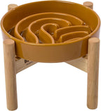 Ceramic Maze Dog Slow Feeder with Non-Slip Silicone Rim (& Bamboo Stand) – Heavy-Duty Stoneware Bowl with Puzzle Pattern for Bloating & Obesity Prevention (Raised-Orange-M)