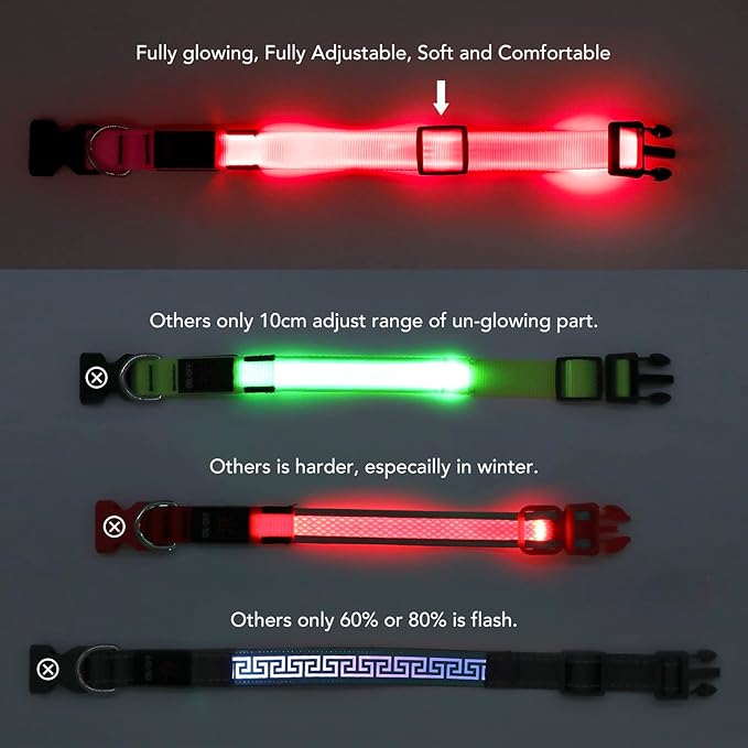 Light Up Collar, Led Dog Collar Adjustable, Rechargeable Waterproof, Night Walking Lights, Glow in Dark for Medium Large Dogs