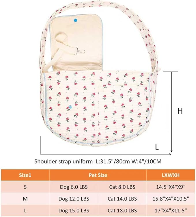 Floral Dog Sling Carrier, Breathable Cotton Hand-Free Cat Carrier,Chest Pet Purse for Small Dog Cat 3-12 lbs (White, Medium)