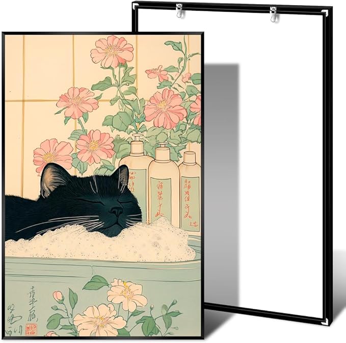 Relaxation Japanese Poster Print Cute Black Cat Wall Art Decor Bathtub Pink Flowers and Green Leaves Picture Canvas Minimalist Japan Artwork for Bathroom Bedroom Toilet 16x24inch Metal Black Frame