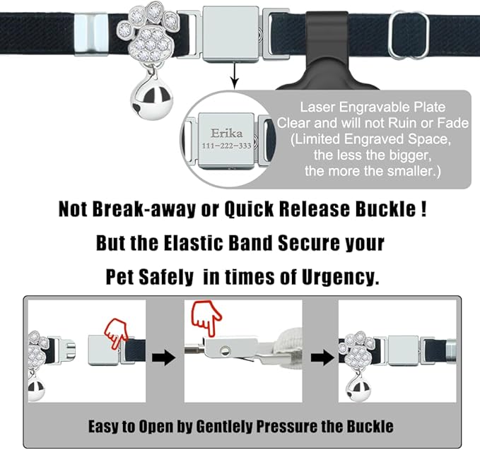 Personalized Safety Elastic Cat Collars with Bell Soft Silicone Cover for Air Tag,Laser Customized Stretch Kitten Collars for Girls Boys Cats (Black)