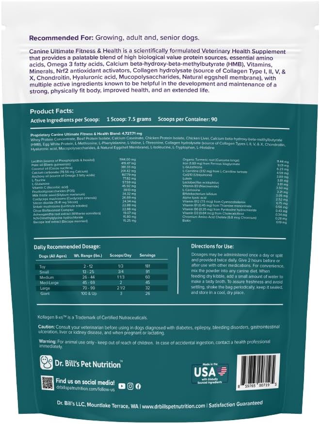 Dr. Bill’s Canine Ultimate Fitness & Health Vitamins for Dogs | Multivitamin for Dogs w/Coenzyme Q-10, Vitamin E, Vitamin D-3, Biotin, Folic Acid, Hyaluronic Acid Dog Vitamins and Supplements 680g